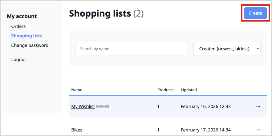 Create a new shopping list from the shopping lists management interface Shopping lists management interface with an highlight on the "Create" button