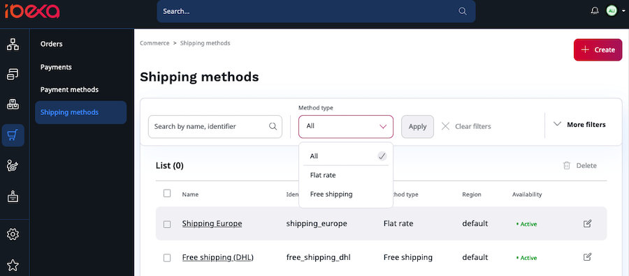 The shipping methods screen The shipping methods screen