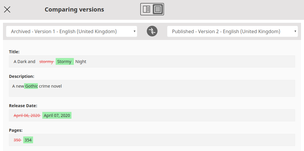 Version comparison in one-column view Version comparison